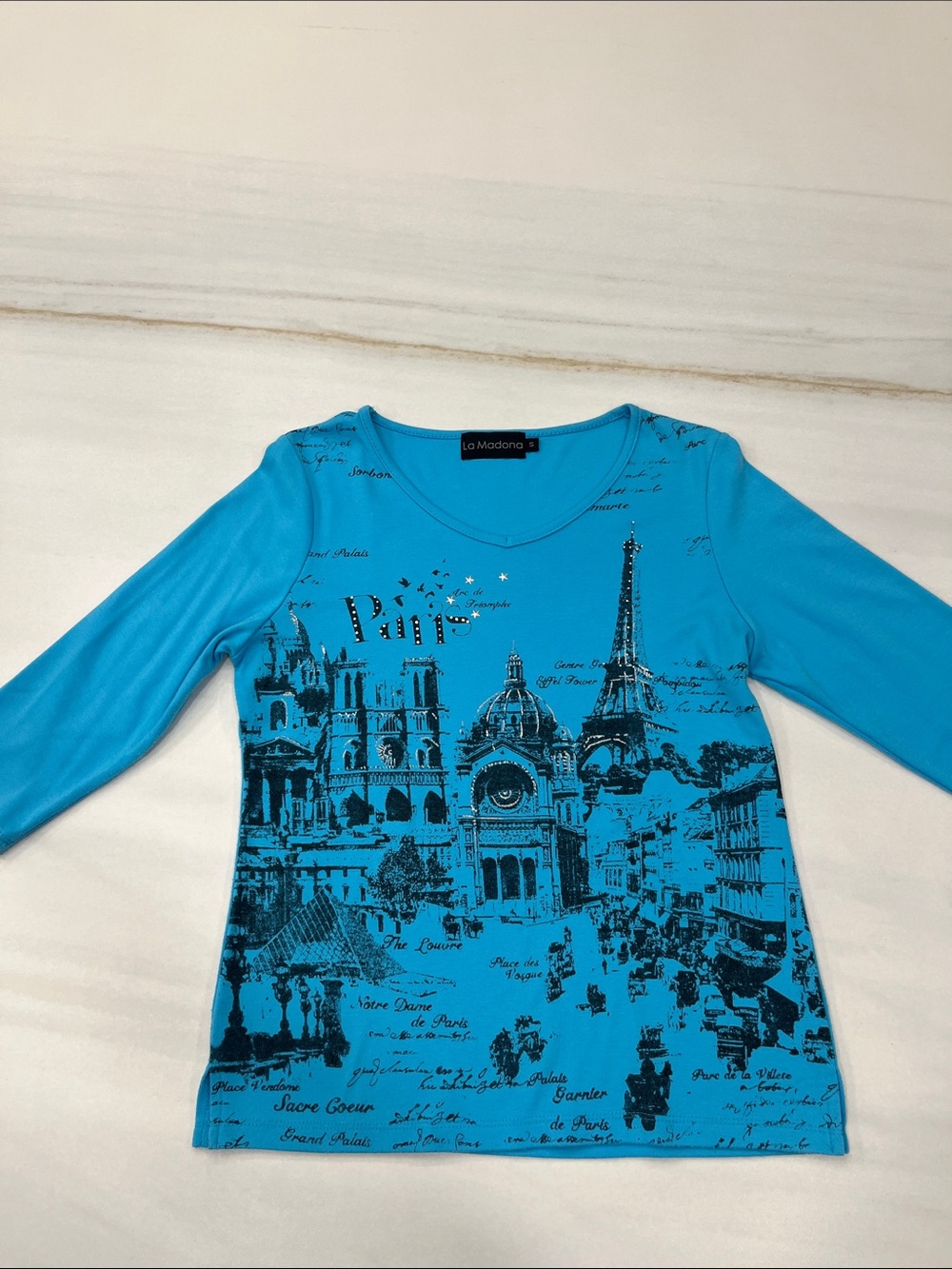 La Madona Women's Long Sleeve Paris Graphic Tee - Bright Turquoise